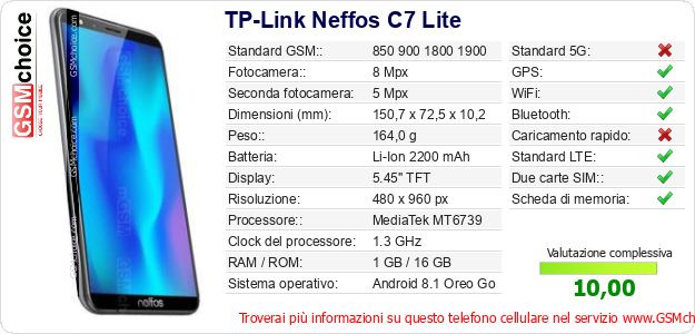 TP-Link Neffos C7 Lite Dati tecnici di telefono cellulare TP-Link Neffos C7 Lite Dati tecnici di telefono cellulare