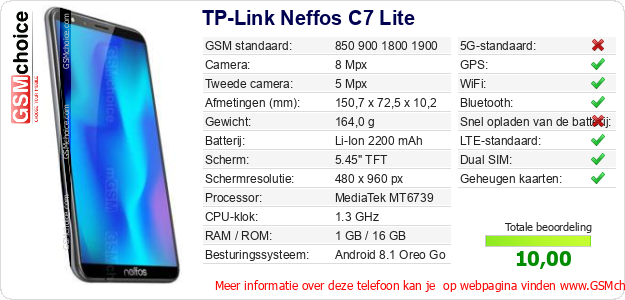 TP-Link Neffos C7 Lite Technische gegevens 