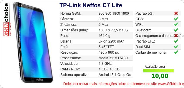 TP-Link Neffos C7 Lite Especificações técnicas do telemóvel TP-Link Neffos C7 Lite Especificações técnicas do telemóvel