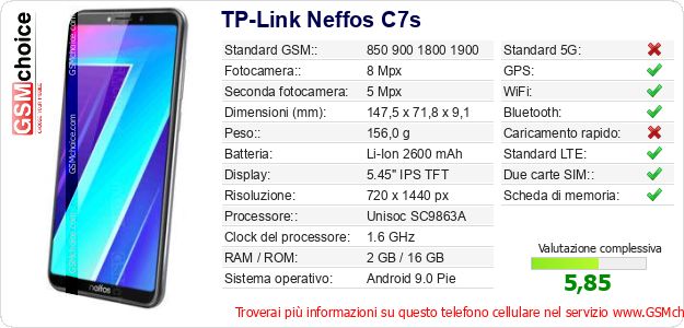 TP-Link Neffos C7s Dati tecnici di telefono cellulare TP-Link Neffos C7s Dati tecnici di telefono cellulare