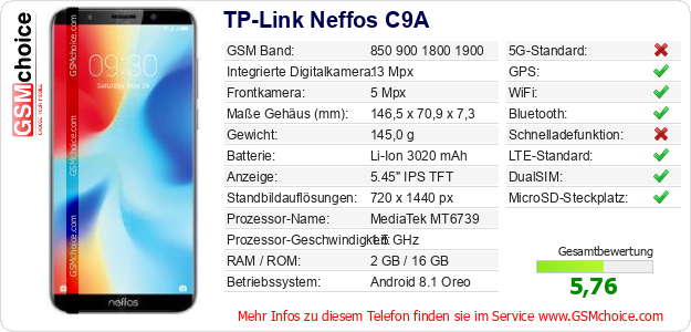 TP-Link Neffos C9A technische Daten TP-Link Neffos C9A technische Daten