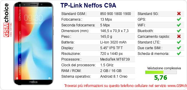 TP-Link Neffos C9A Dati tecnici di telefono cellulare TP-Link Neffos C9A Dati tecnici di telefono cellulare