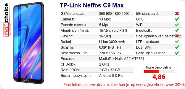 TP-Link Neffos C9 Max Technische gegevens 