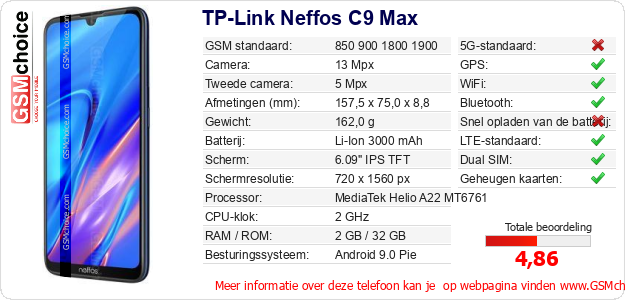 TP-Link Neffos C9 Max Technische gegevens TP-Link Neffos C9 Max Technische gegevens