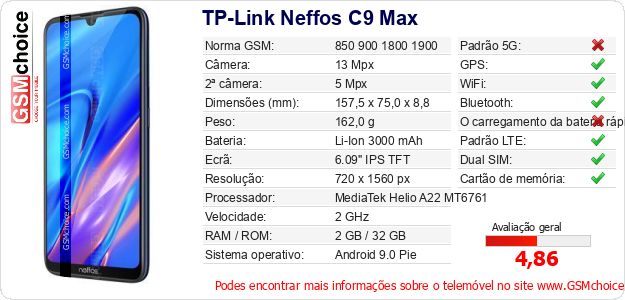 TP-Link Neffos C9 Max Especificações técnicas do telemóvel TP-Link Neffos C9 Max Especificações técnicas do telemóvel
