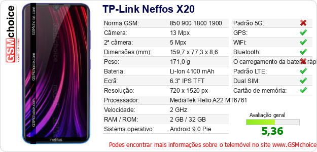 TP-Link Neffos X20 Especificações técnicas do telemóvel 