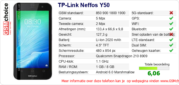 TP-Link Neffos Y50 Technische gegevens TP-Link Neffos Y50 Technische gegevens