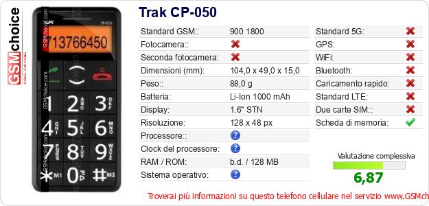 Trak CP-050 Dati tecnici di telefono cellulare 