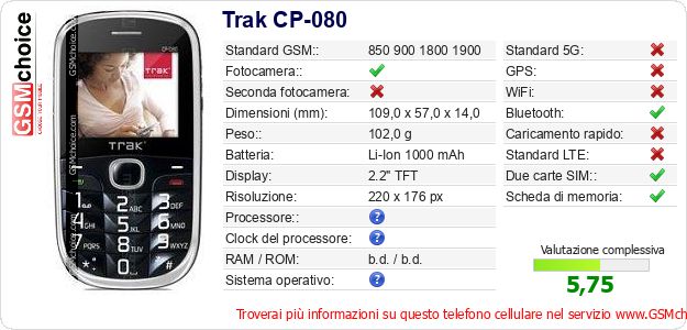 Trak CP-080 Dati tecnici di telefono cellulare Trak CP-080 Dati tecnici di telefono cellulare