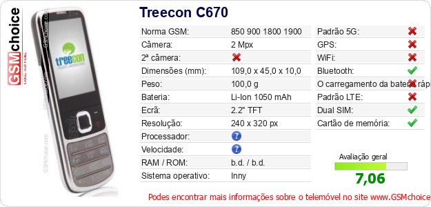 Treecon C670 Especificações técnicas do telemóvel 