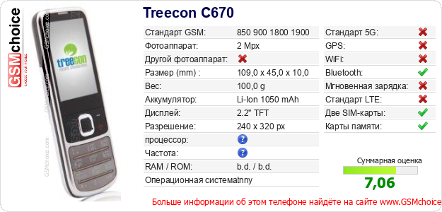 Treecon C670 Технические данные телефона Treecon C670 Технические данные телефона