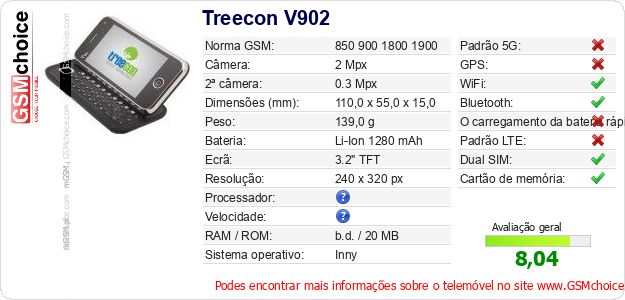Treecon V902 Especificações técnicas do telemóvel Treecon V902 Especificações técnicas do telemóvel