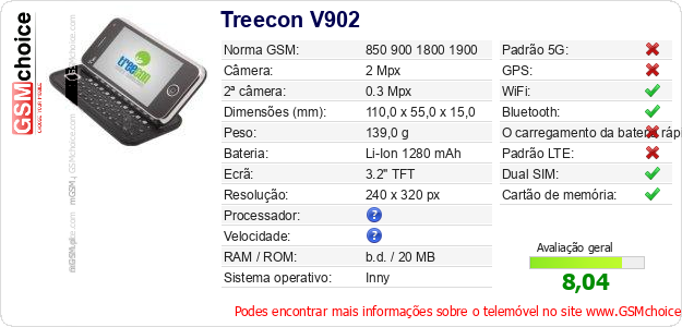 Treecon V902 Especificações técnicas do telemóvel 