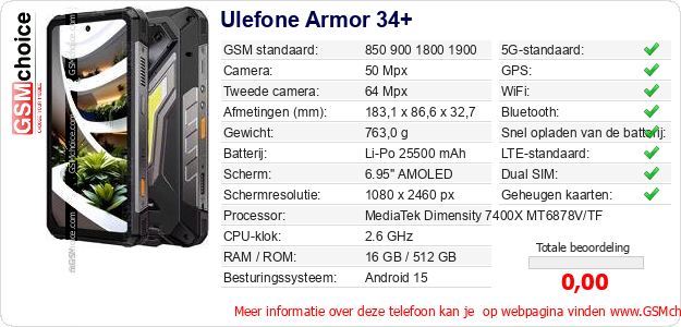 Ulefone Armor 34+ Technische gegevens Ulefone Armor 34+ Technische gegevens