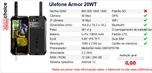 Ulefone Armor 20WT Especificações técnicas do telemóvel 