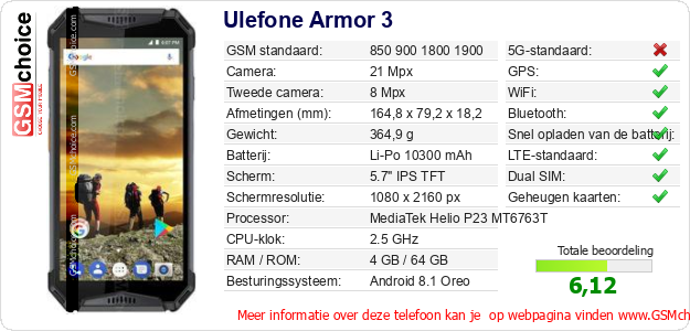 Ulefone Armor 3 Technische gegevens Ulefone Armor 3 Technische gegevens