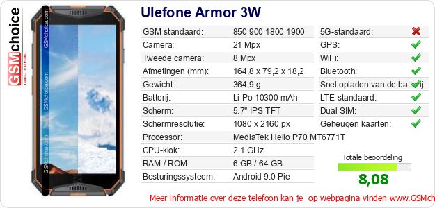 Ulefone Armor 3W Technische gegevens Ulefone Armor 3W Technische gegevens