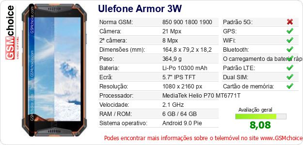 Ulefone Armor 3W Especificações técnicas do telemóvel Ulefone Armor 3W Especificações técnicas do telemóvel