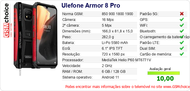 Ulefone Armor 8 Pro Especificações técnicas do telemóvel 