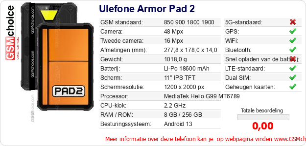 Ulefone Armor Pad 2 Technische gegevens 