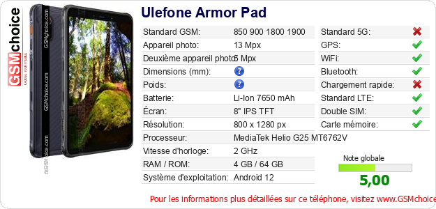 Ulefone Armor Pad Fiche technique Ulefone Armor Pad Fiche technique