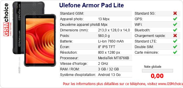 Ulefone Armor Pad Lite Fiche technique Ulefone Armor Pad Lite Fiche technique