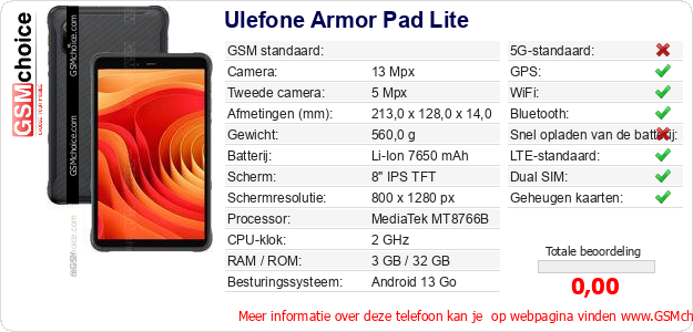 Ulefone Armor Pad Lite Technische gegevens Ulefone Armor Pad Lite Technische gegevens