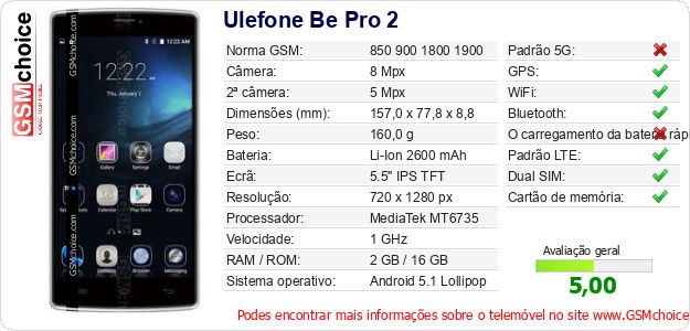 Ulefone Be Pro 2 Especificações técnicas do telemóvel 