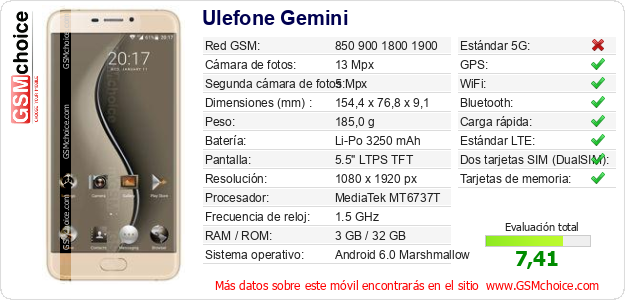 Ulefone Gemini Datos técnicos del móvil Ulefone Gemini Datos técnicos del móvil