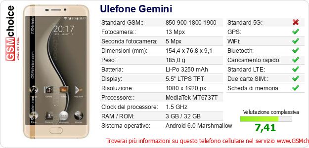 Ulefone Gemini Dati tecnici di telefono cellulare 