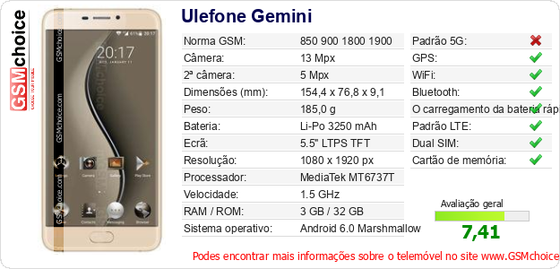 Ulefone Gemini Especificações técnicas do telemóvel Ulefone Gemini Especificações técnicas do telemóvel