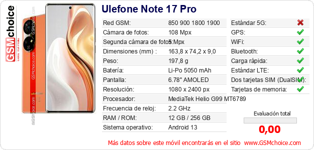 Ulefone Note 17 Pro Datos técnicos del móvil Ulefone Note 17 Pro Datos técnicos del móvil