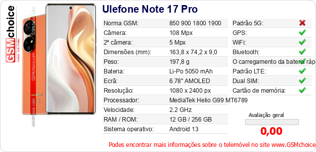 Ulefone Note 17 Pro Especificações técnicas do telemóvel 