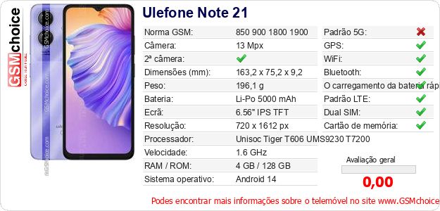 Ulefone Note 21 Especificações técnicas do telemóvel 