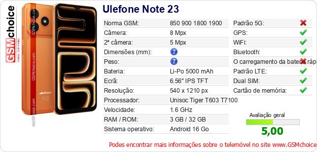 Ulefone Note 23 Especificações técnicas do telemóvel 