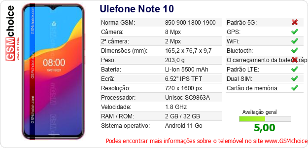 Ulefone Note 10 Especificações técnicas do telemóvel Ulefone Note 10 Especificações técnicas do telemóvel
