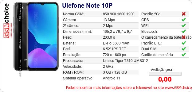 Ulefone Note 10P Especificações técnicas do telemóvel 