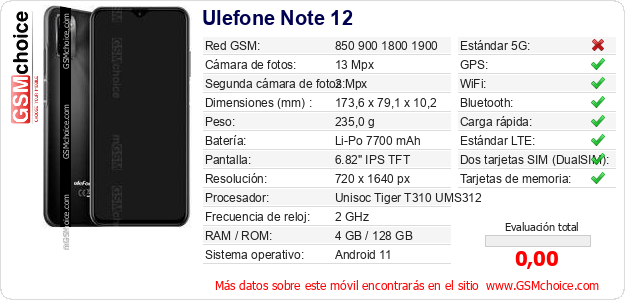 Ulefone Note 12 Datos técnicos del móvil 