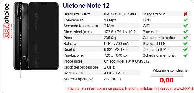 Ulefone Note 12 Dati tecnici di telefono cellulare Ulefone Note 12 Dati tecnici di telefono cellulare