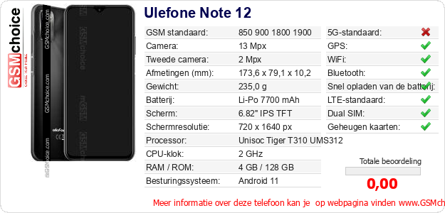 Ulefone Note 12 Technische gegevens 