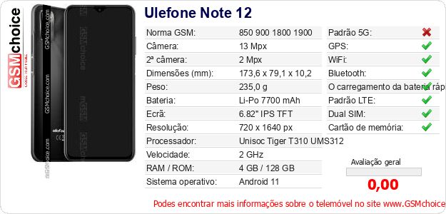 Ulefone Note 12 Especificações técnicas do telemóvel 