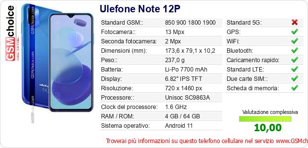 Ulefone Note 12P Dati tecnici di telefono cellulare 
