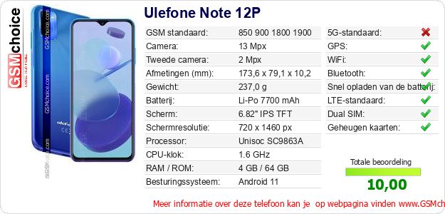 Ulefone Note 12P Technische gegevens 