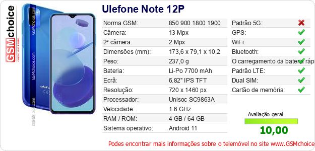 Ulefone Note 12P Especificações técnicas do telemóvel Ulefone Note 12P Especificações técnicas do telemóvel
