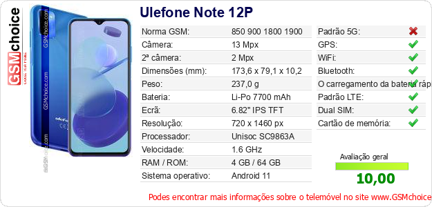 Ulefone Note 12P Especificações técnicas do telemóvel 