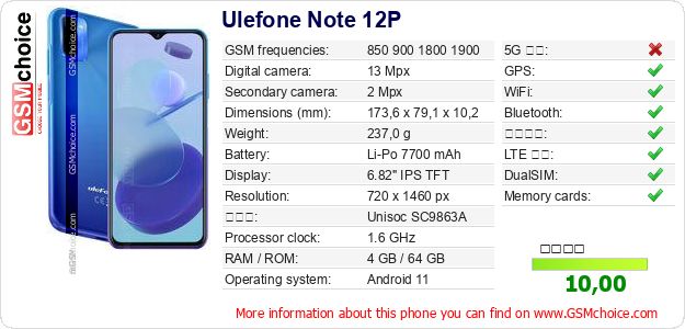 Ulefone Note 12P 手機技術數據