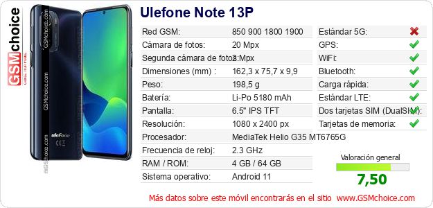 Ulefone Note 13P Datos técnicos del móvil 