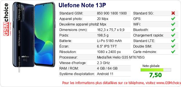 Ulefone Note 13P Fiche technique