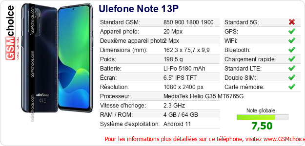 Ulefone Note 13P Fiche technique