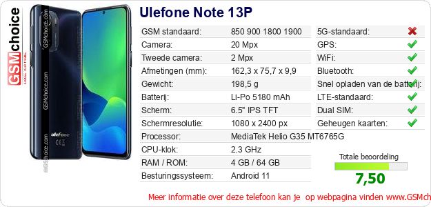 Ulefone Note 13P Technische gegevens 